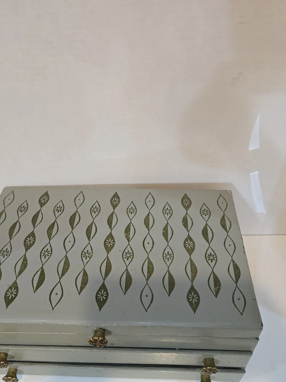Decorative Olive Green Wooden Jewelry Box with Brass Knobs